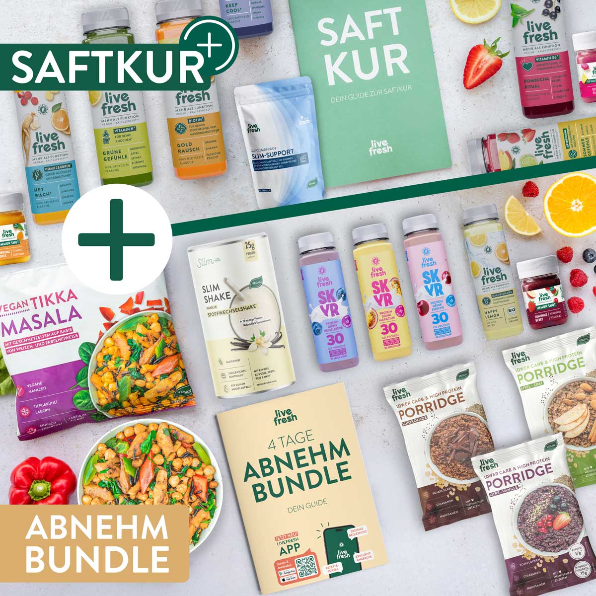 LiveFresh Abnehmbundle und Saftkur Produkte mit Protein Drinks. Funktionsgetränken. Slim Support. Slim Shake. Vegan Tikka Masala und Porridge. Im Mittelpunkt liegen die Guides mit der Aufschrift "Saft Kur. Dein Guide zur Saftkur" und "4 Tage Abnehm Bundle. Dein Guide". Große Beschriftungen zeigen außerdem "Saftkur" und "Abnehm Bundle".
