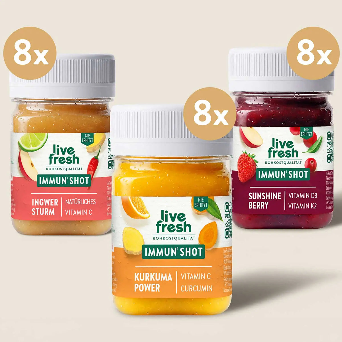 Immun Bundle von Live Fresh mit jeweils 8 Fläschchen der Sorten Ingwer Sturm mit Vitamin C. Kurkuma Power mit Vitamin C und Curcumin. Sunshine Berry mit Vitamin D3 und Vitamin K2.