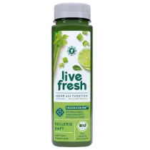 Grüne Flasche eines LiveFresh-Selleriesaftes