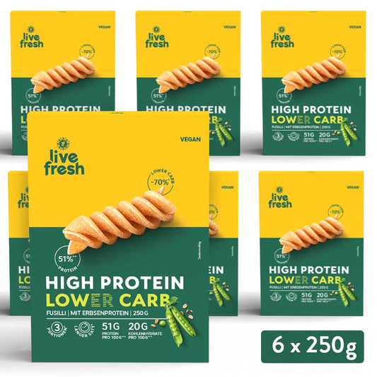 Gelbe und grüne Verpackung der High Protein Lower Carb Fusilli von LiveFresh mit Erbsenprotein, vegan und mit 51 % Protein. Produktabbildung im 6er-Pack à 250 g.