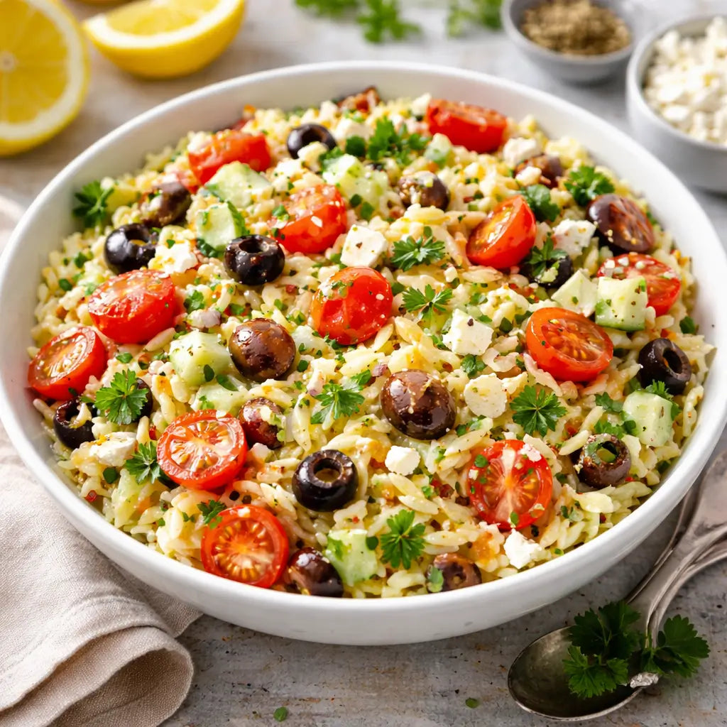 closeup of a risoni salad with olives and toast