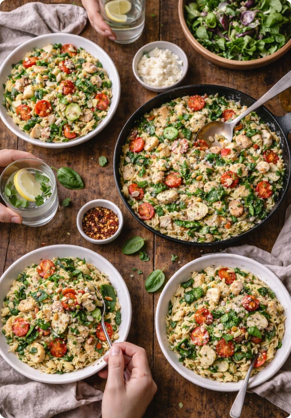 Mehrere Schüsseln mit Pasta Salat mit Kräutern, Tomaten, Gemüse und Protein Zutaten auf einem Holztisch angerichtet.
