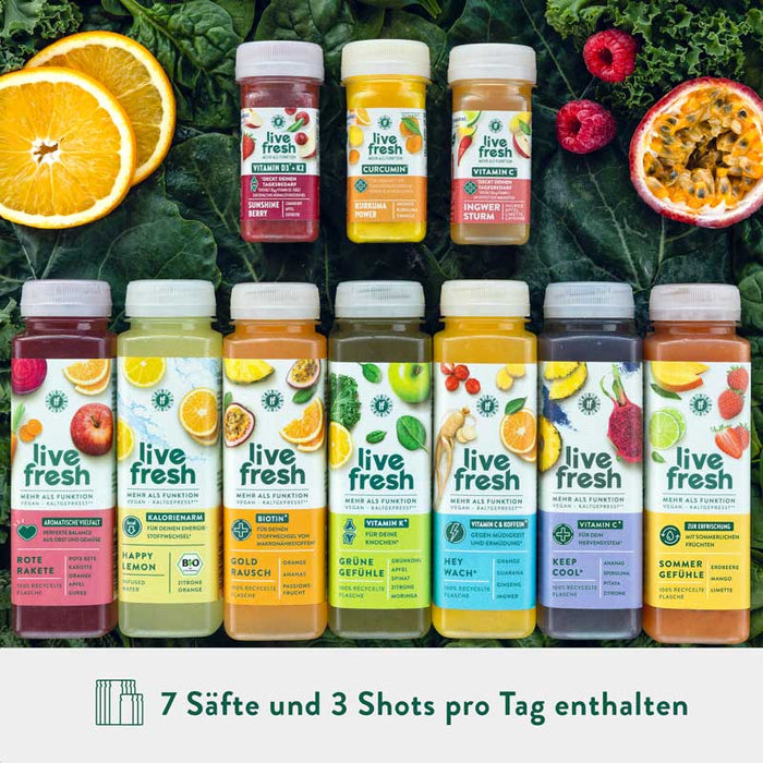 Saftkur von LiveFresh, oben drei Shots, Sunshine Berry, Kurkuma Power und Ingwer Sturm. Unten sieben verschiedene kaltgepresste Säfte, Rote Rakete, Happy Lemon, Gold Rausch, Grüne Gefühle, Hey Wach, Keep Cool und Sommergefühle.  Im Hintergrund Blattgrün, Orangen, Passionsfrucht und Himbeeren. Darunter der Hinweis: 7 Säfte und 3 Shots pro Tag enthalten.