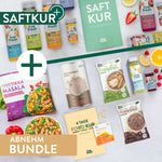 Kombiniertes Produktbild von Saftkur und Foodkur: oben verschiedene Säfte und Saftkur-Guide, unten Proteinmix, Porridge, Mahlzeiten, Tagesheld-Kapseln und Foodkur-Guide. Beige Banner mit „Abnehm Bundle“ am unteren Rand.