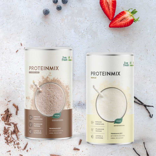 Zwei Dosen mit veganem Proteinpulver in Schokolade und Vanille auf hellem Untergrund mit natürlichen Zutaten.