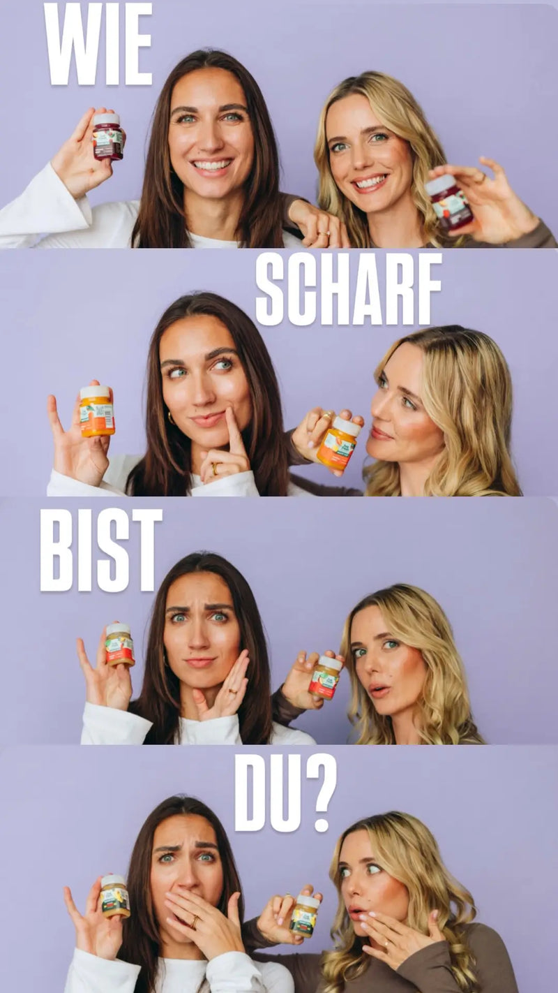 Vier übereinander angeordnete Fotos zeigen zwei Frauen mit verschiedenen Liv Fresh Ingwershots vor lilafarbenem Hintergrund. Sie halten die kleinen Fläschchen hoch und wechseln von fröhlichen zu überraschten Gesichtsausdrücken. Der Schriftzug lautet "WIE SCHARF BIST DU?"
