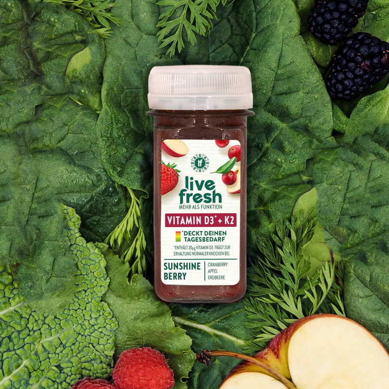Sunshine Berry, kaltgepresster Vitamin D Shot mit Cranberry, Apfel und Erdbeere